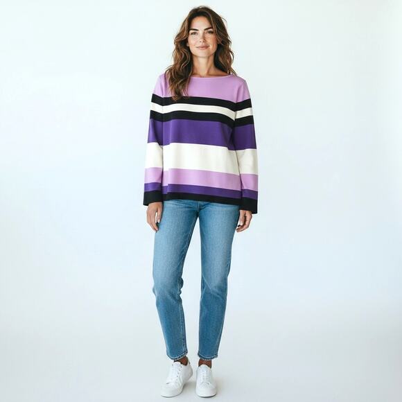 TALBOTS  Wide Stripe Boat Neck Top  M CottageCore Preppy Twee Office Casual - Picture 1 of 6